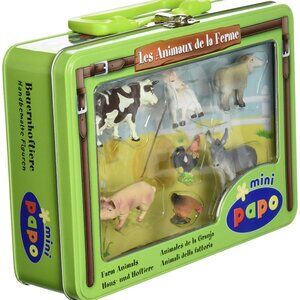 Papo Mini 7 Farm Animals Hand painted figurines in  Tin Case New Sealed Age 3+